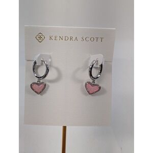 Kendra Scott Ari Heart Huggie Hoop Earrings Pink Silver Tone - NEW